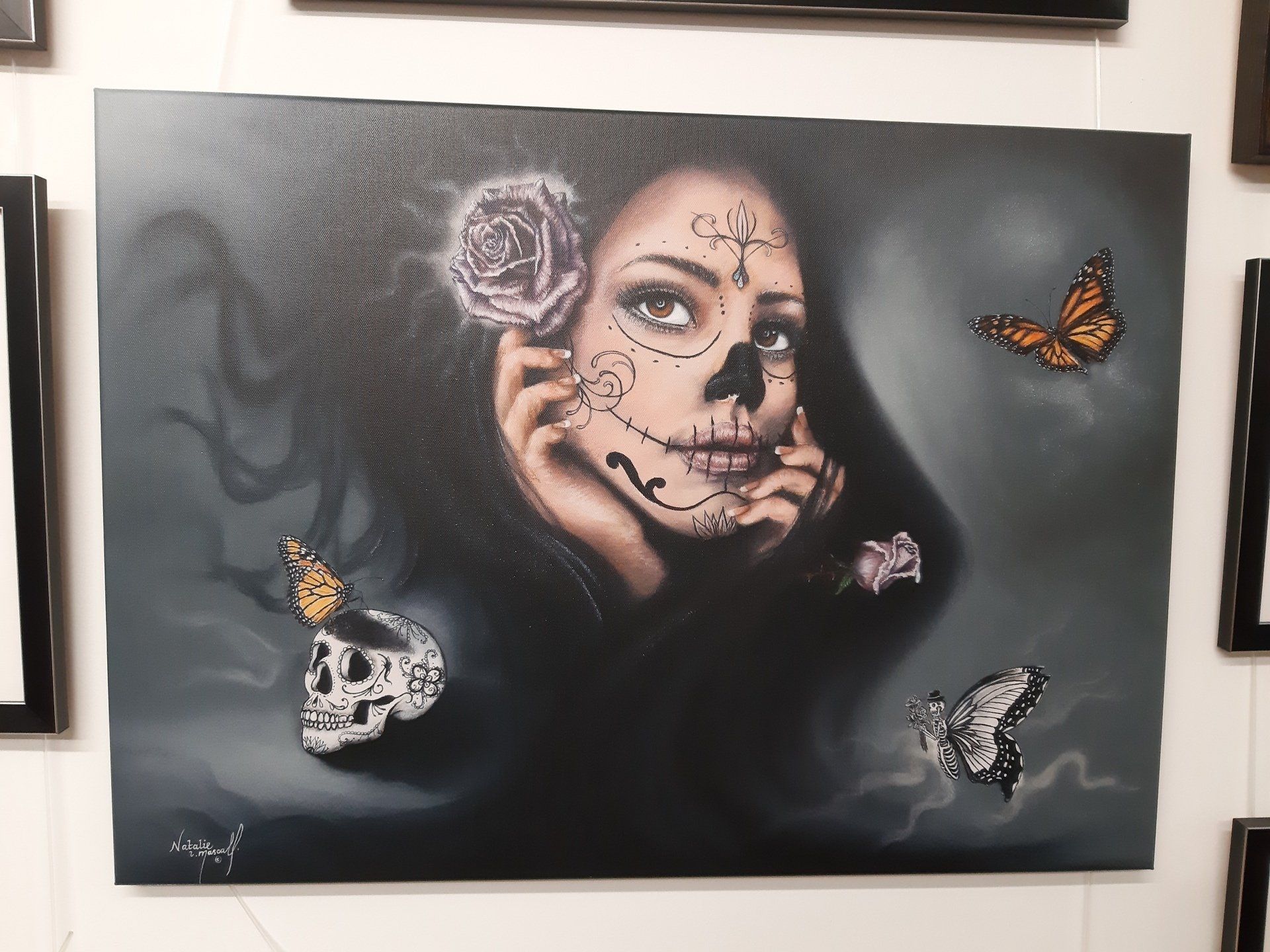 day of the dead art, day of the dead, day of the dead drawing, drawing of day of the dead theme, creative art, pastel art, commissions welcomed, arty, beautiful woman, monarch butterflies,
