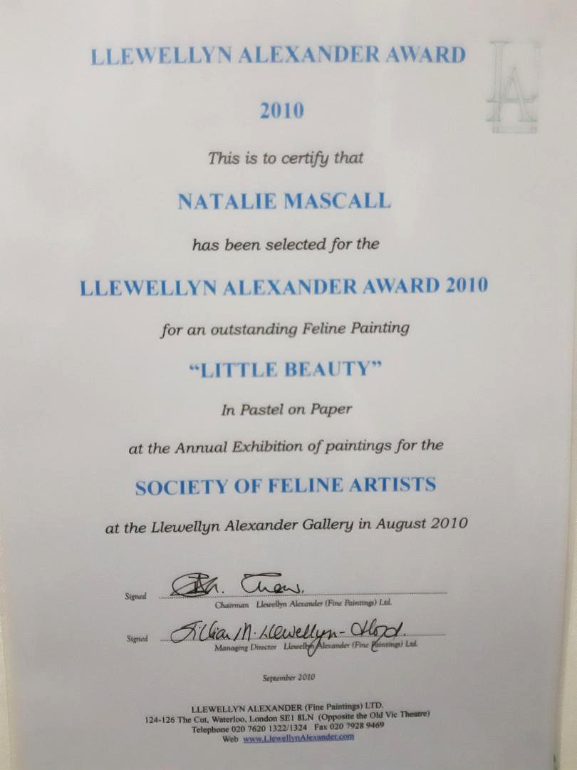 Society of Feline Artist award, feline artist, cat artist award, Llewellyn award, Natalie Mascall's awards, BBC Willdife artist of the year, peoples choice,