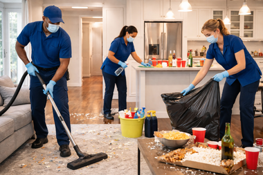 Three cleaning professionals in blue uniforms and masks work in a messy living room, vacuuming and bagging trash.