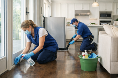 Two cleaners in blue uniforms and masks working on a hardwood floor in a residential kitchen.