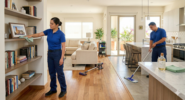Two cleaners in blue uniforms clean a modern home; one dusts a bookshelf, while the other mops the kitchen floor.