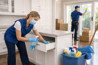 Two cleaners in uniform and masks work in a home; one wipes a kitchen drawer while the other cleans a sliding glass door.