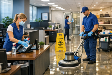 Cleaning staff wearing masks and gloves sanitize a desk and buff a shiny office floor near a wet floor sign.