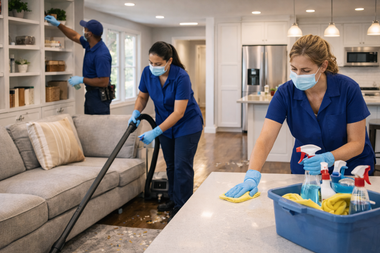 Three people in blue uniforms and face masks clean a living room and kitchen area.