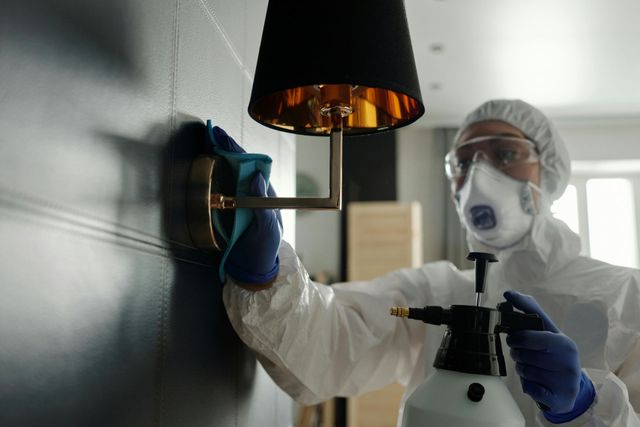 A worker in protective gear and a mask uses a blue cloth and spray bottle to disinfect a wall-mounted lamp.