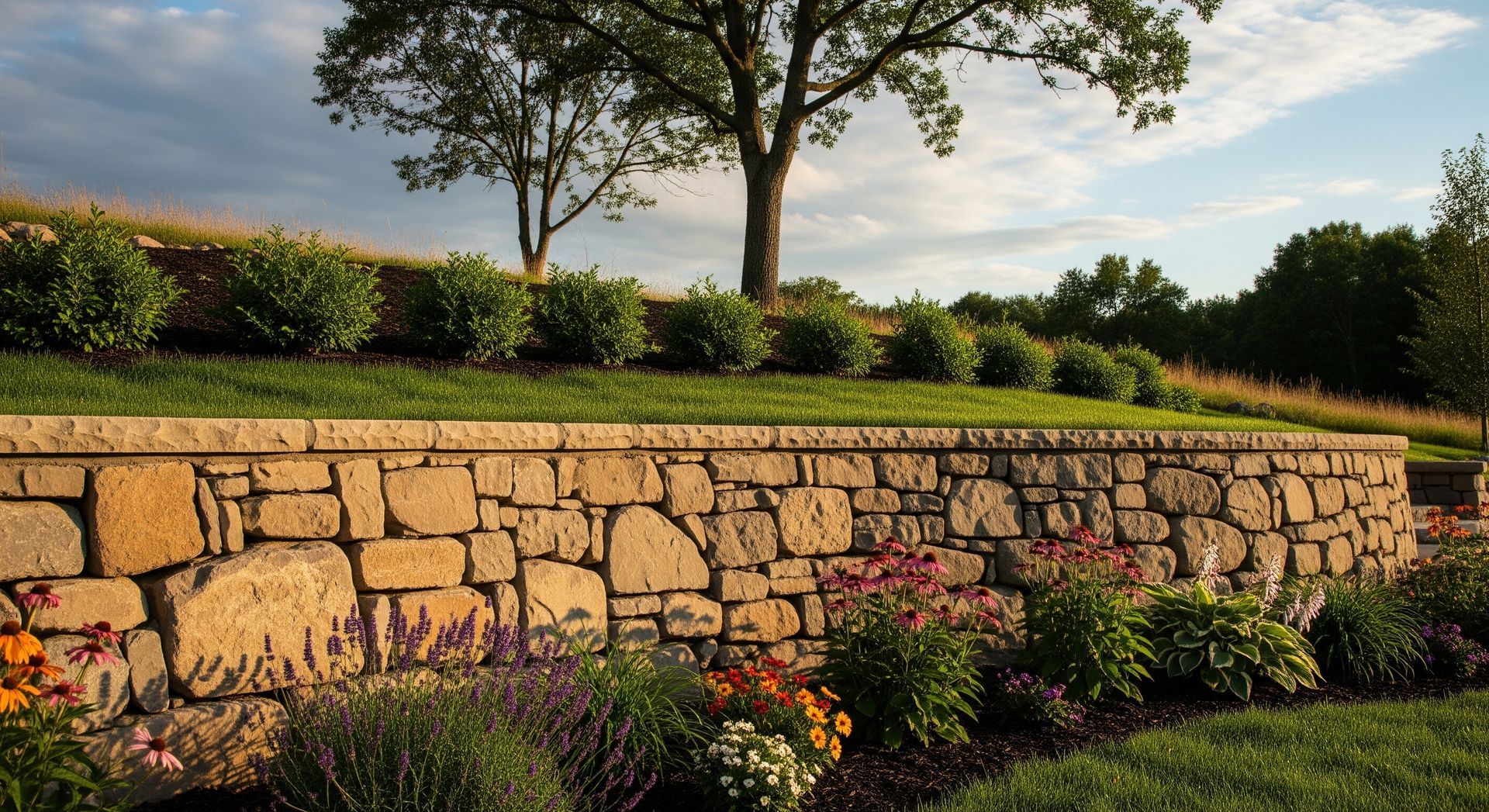 Best retaining wall for Colorado landscape with stone design and lush greenery in a backyard
