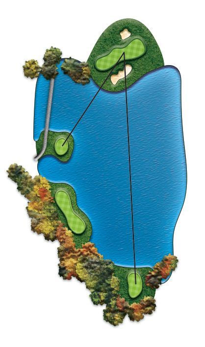 A picture of a golf course with trees and a road.