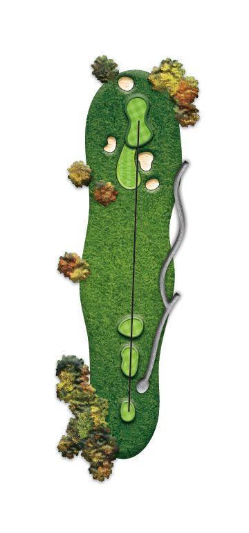 A picture of a golf course with trees and a road.