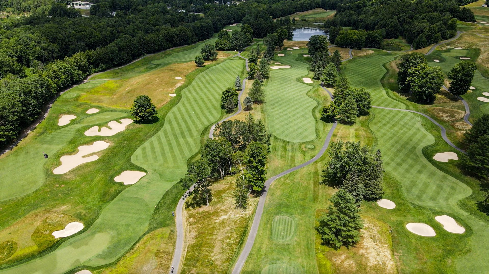 An aerial view of a golf course surrounded by trees.