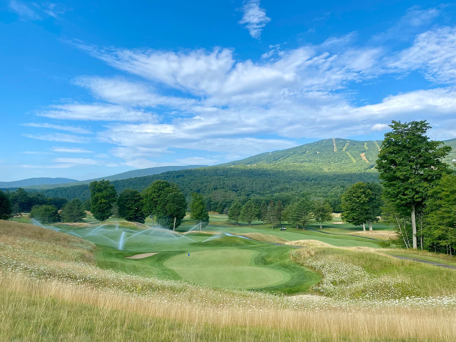 A golf course with trees and mountains in the background on a sunny day.