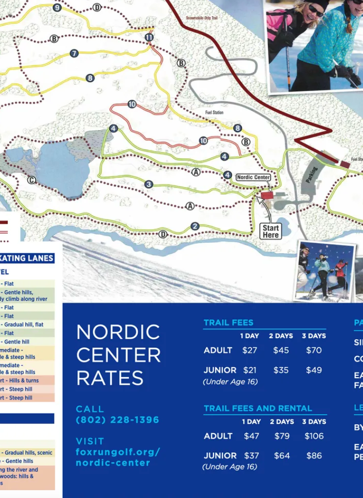 A map of the nordic center rates with a picture of people skiing