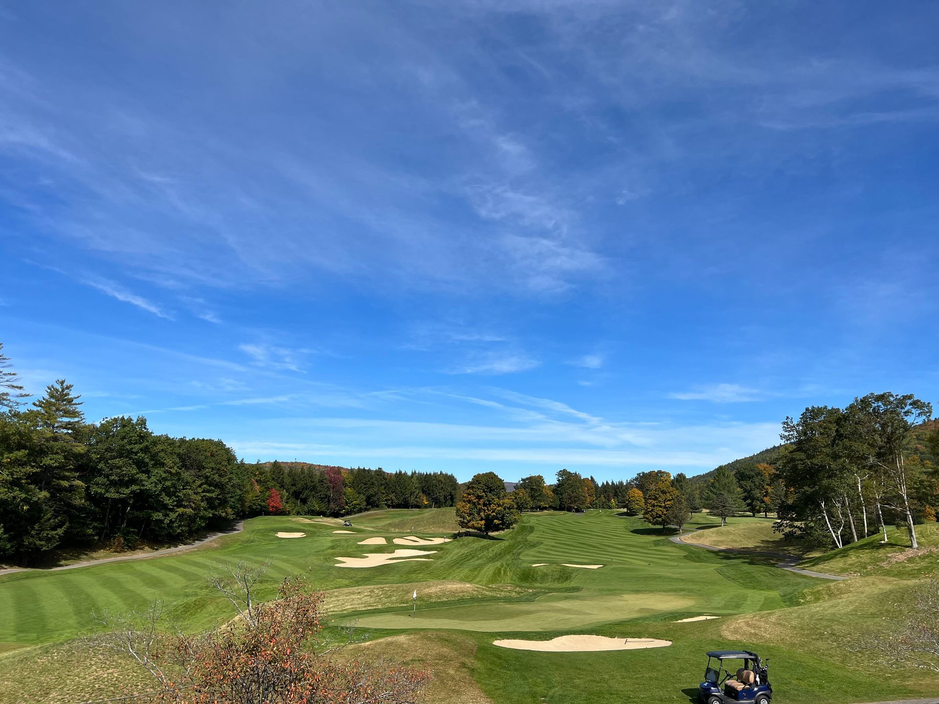 A golf cart is driving down a golf course on a sunny day.
