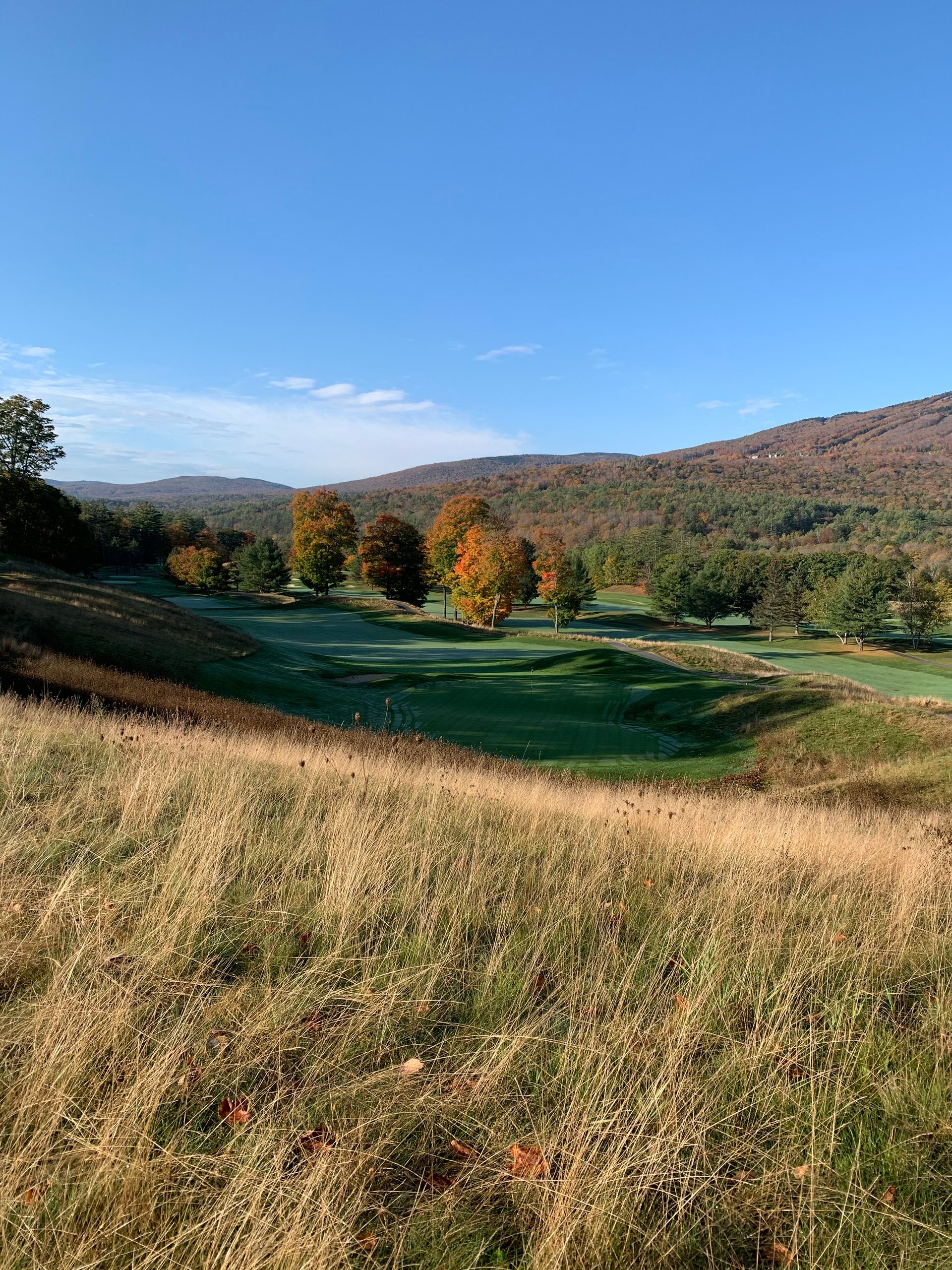 A view of a golf course from the top of a hill.