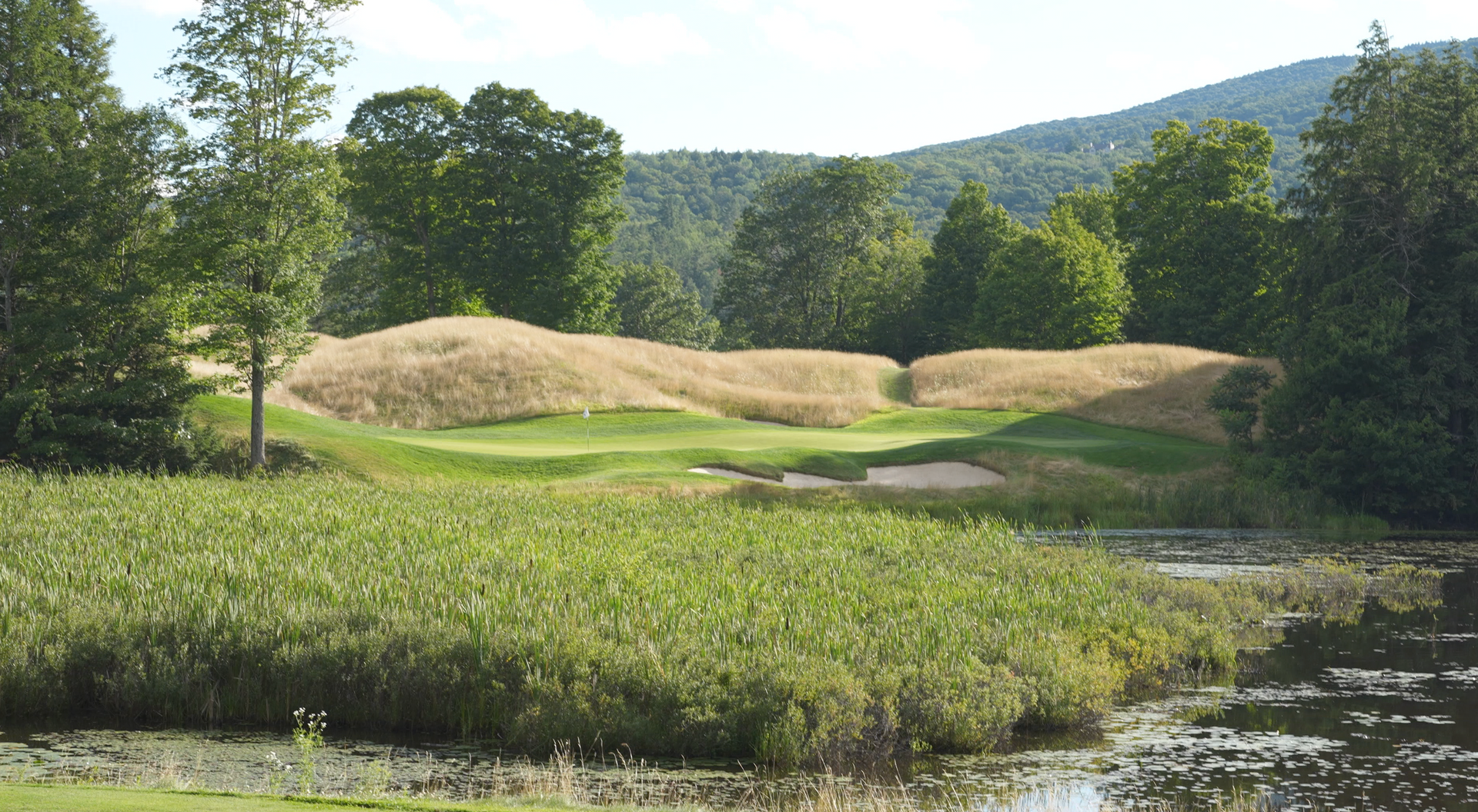 A golf course with a pond in the middle of it