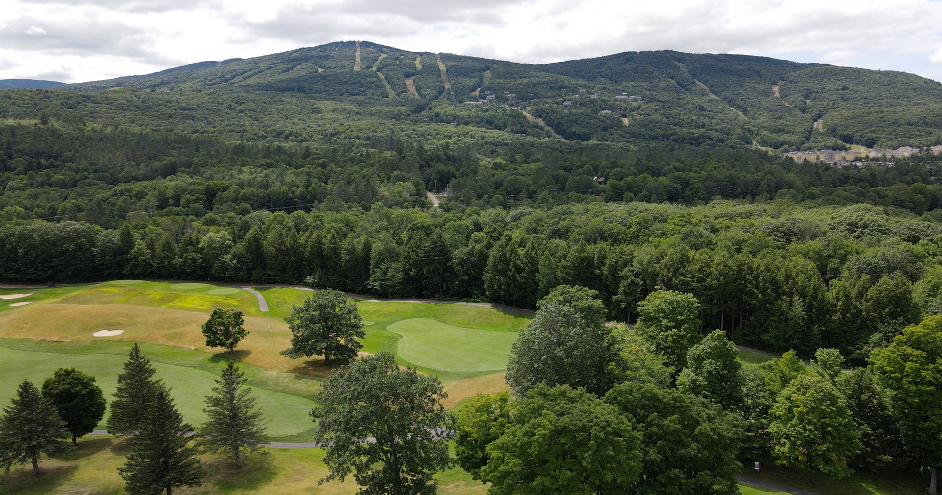 An aerial view of a golf course surrounded by trees and mountains.