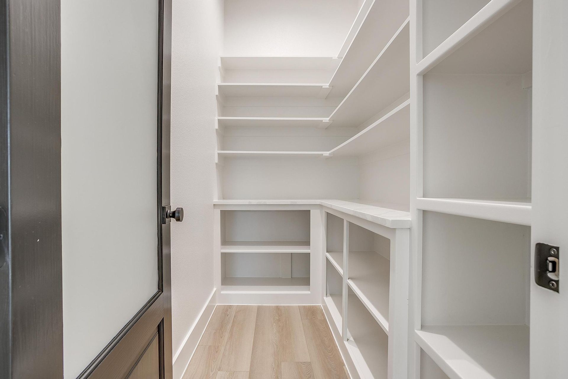 A walk in pantry with lots of shelves and a door.