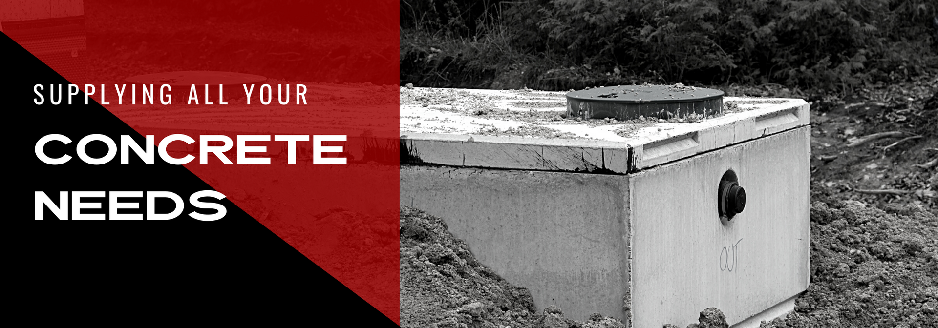 Promo graphic for concrete products with a white concrete tank beside bold red text: “SUPPLYING ALL YOUR CONCRETE NEEDS”