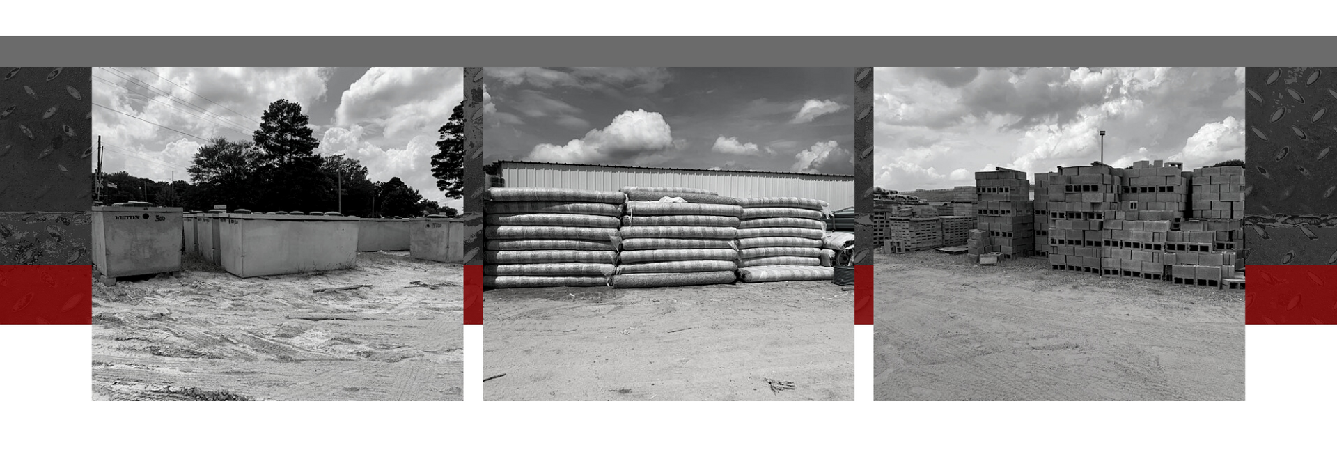 Three black-and-white views of an outdoor construction site with stacked materials and a gravel yard