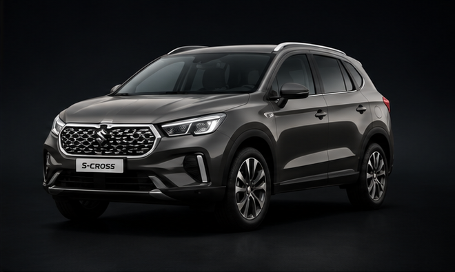SUV grigio scuro su sfondo nero in studio, vista frontale a tre quarti, con griglia cromata e fari a LED.