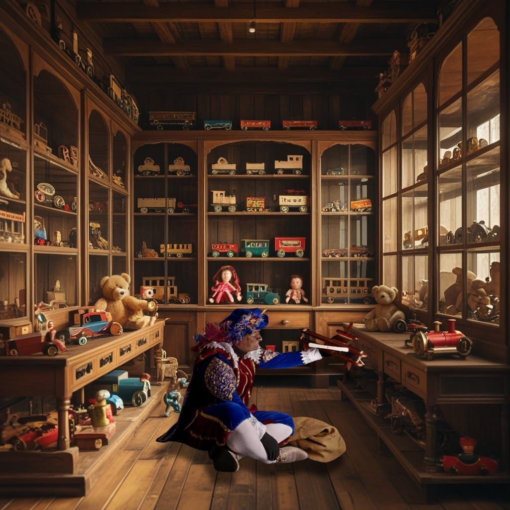 Zwarte Piet knielt in een speelgoedwinkel, omringd door houten speelgoed op planken.