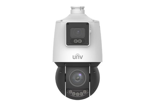 Een witte camera met een zwarte lens op een witte achtergrond.
