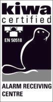 Een zwart-wit logo voor kiwa gecertificeerde alarmmeldcentrale.