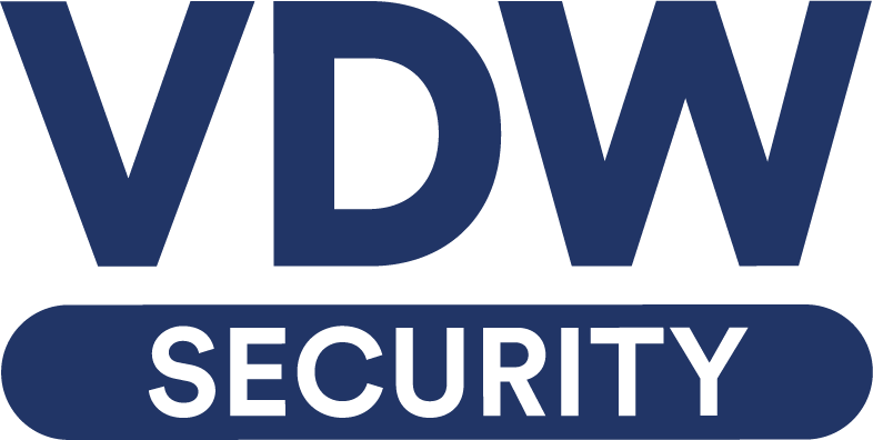 Het logo van vdw beveiliging is blauw en wit.