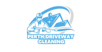 The logo for perth driveway cleaning shows a man holding a pressure washer.