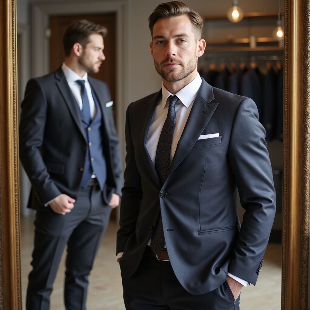 Man in a dark suit standing in front of a mirror, with a reflection of himself in a blue vest suit.