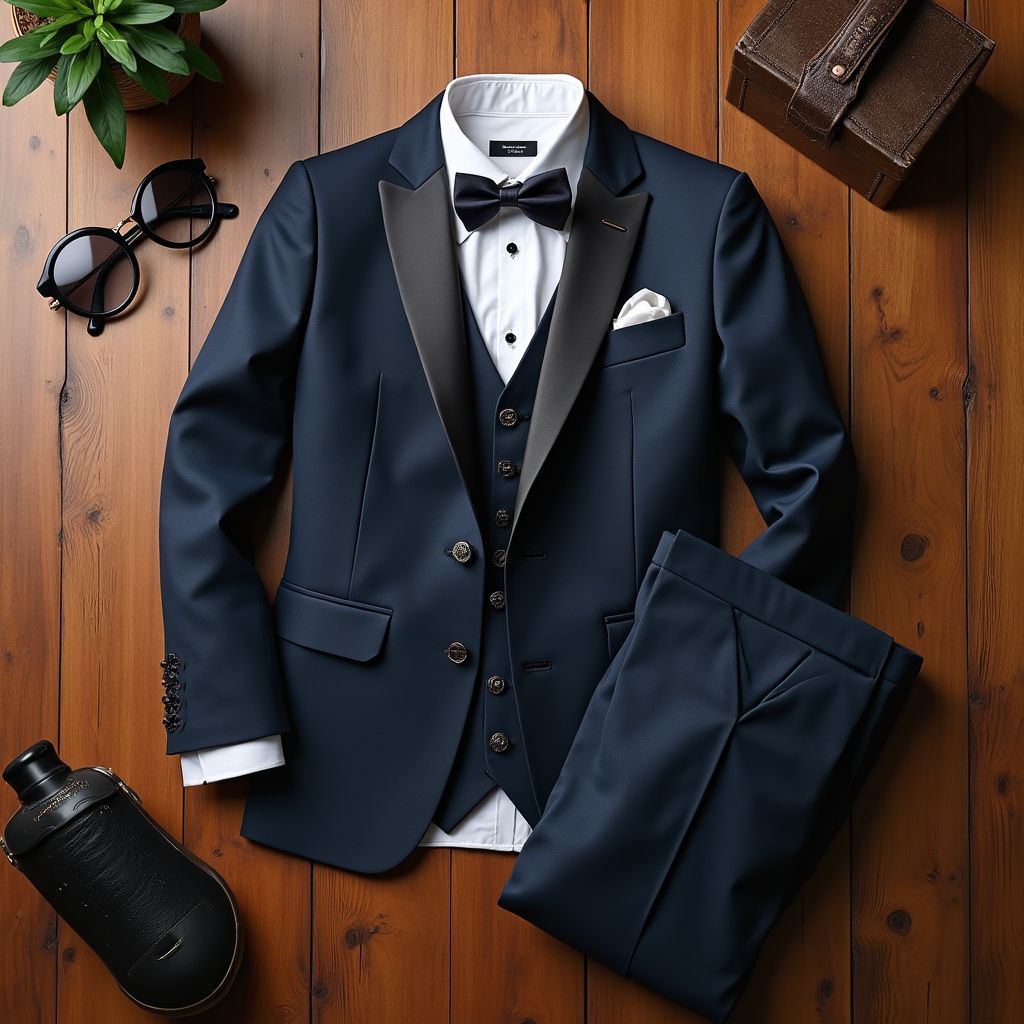 Navy blue tuxedo suit laid out on a wooden surface with accessories: bow tie, glasses, and a cocktail shaker.