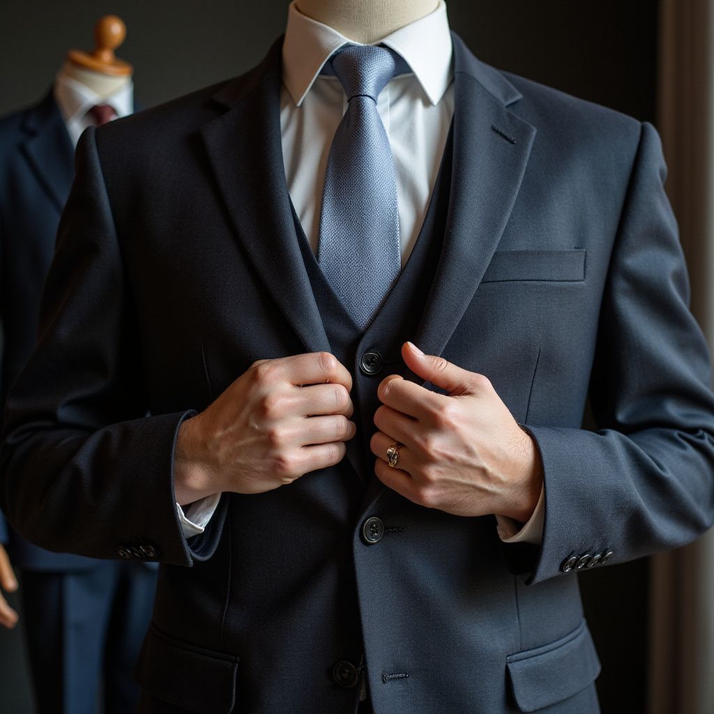 Mannequin in a dark blue suit adjusting the jacket, wearing a tie and waistcoat. A second suit visible in the background.