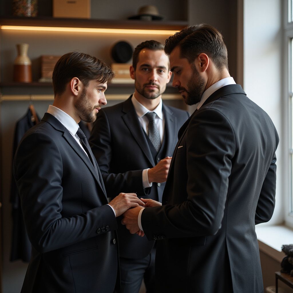 Three men in suits in a clothing store, examining fabric.