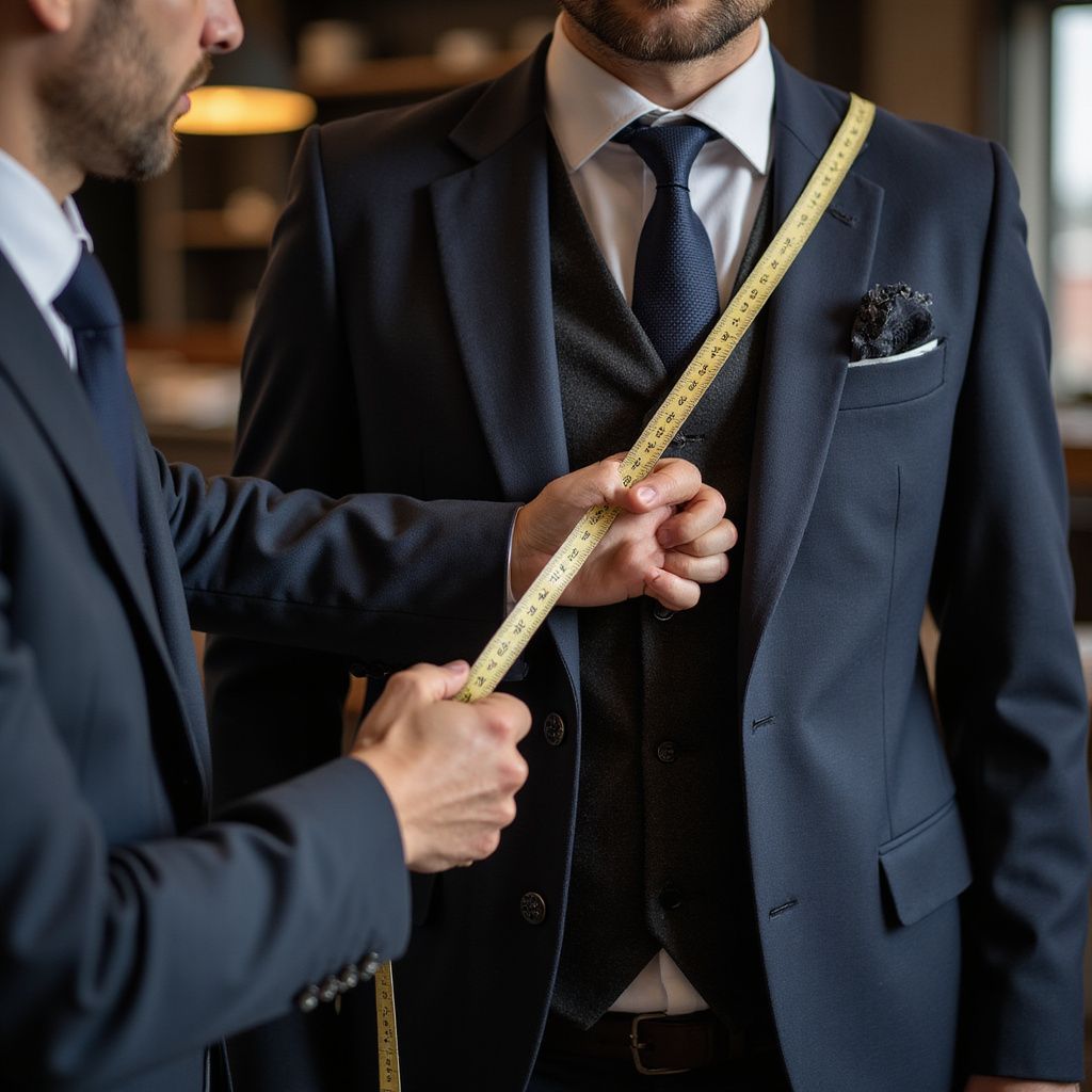 Tailor measuring a man in a navy blue suit and vest with a measuring tape.