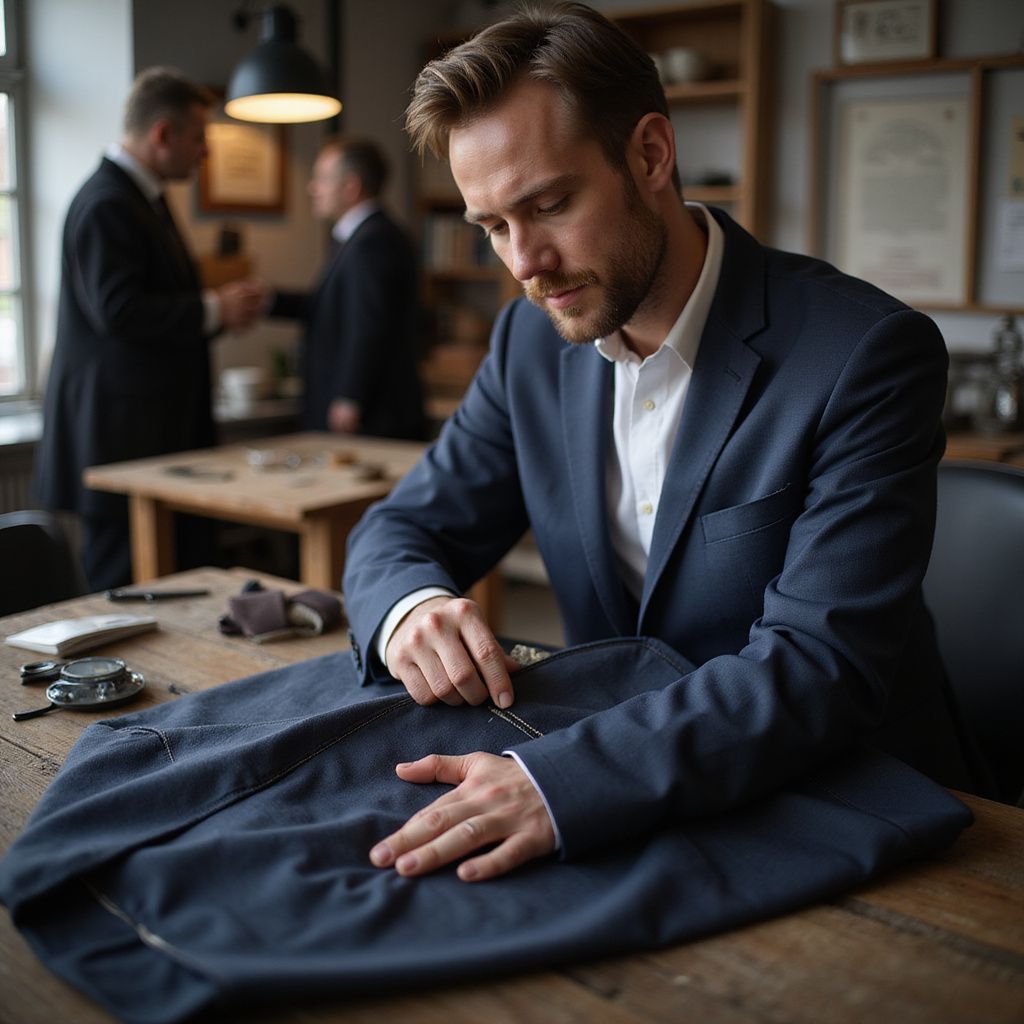 Man in suit inspecting jacket at tailor shop. Others in suits in background.