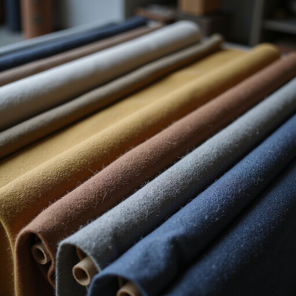 Rows of colorful fabric rolls. Shades include blue, gray, brown, yellow, and beige.