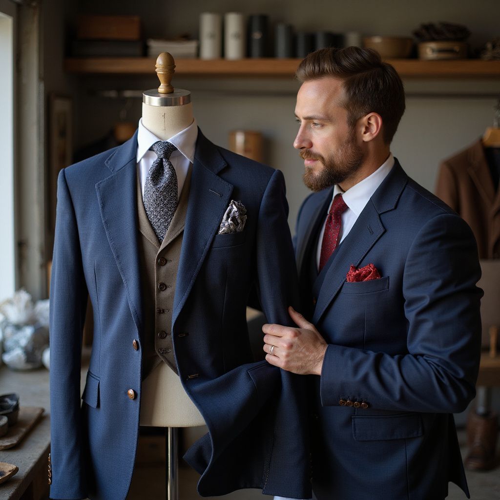 A man in a suit examines another suit on a mannequin in a tailor's shop.