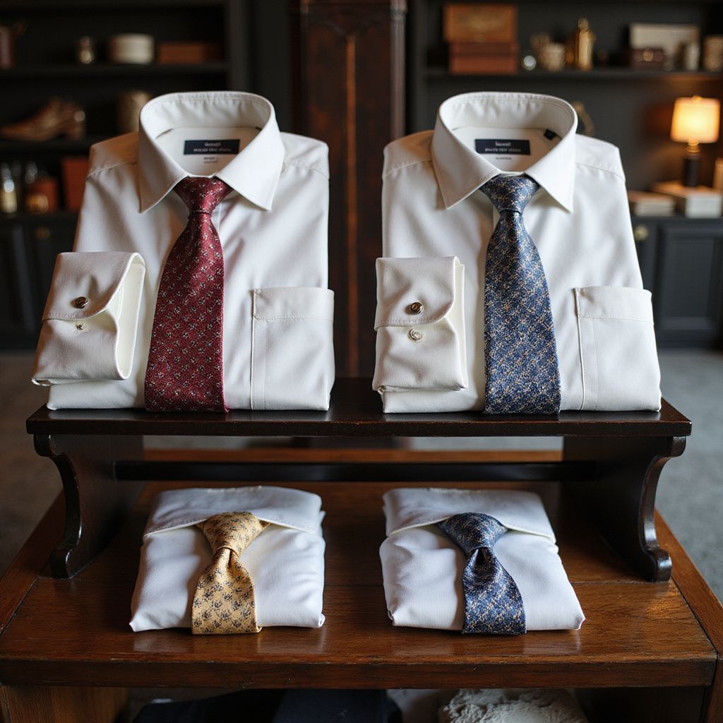 Formal shirts with ties on a wooden display. Shirts are cream-colored with patterned ties in red, gray, and yellow-gold.