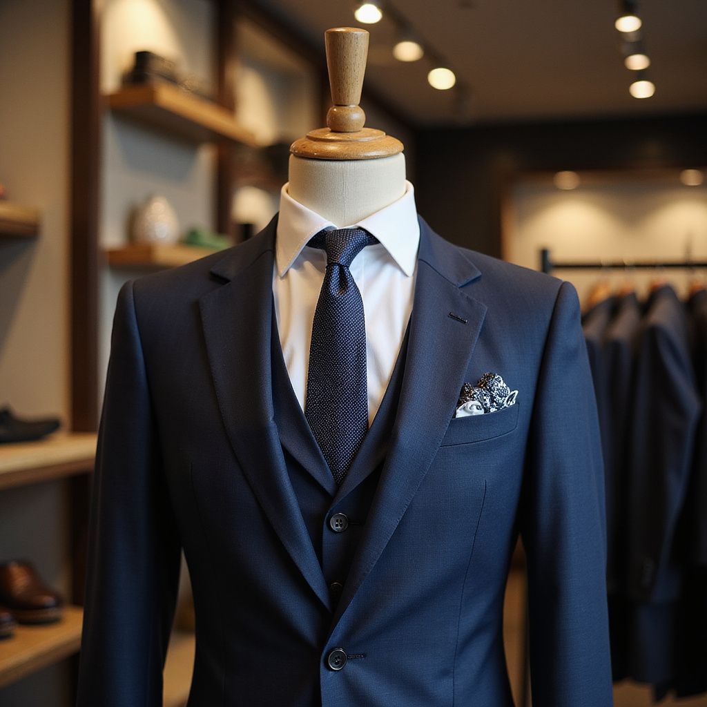 Navy suit on a mannequin with a white shirt, patterned tie, and pocket square, in a clothing store.