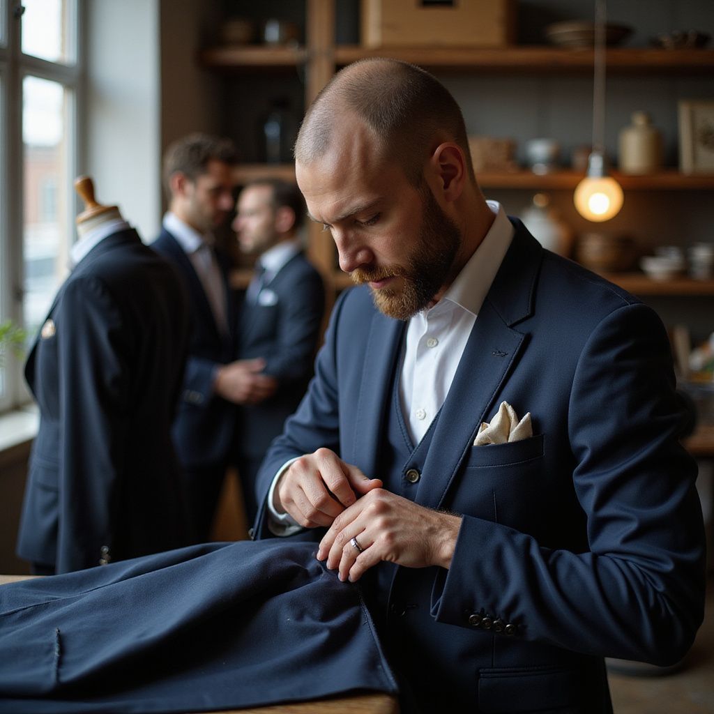 Tailor in a blue suit, carefully sewing fabric on a wooden table, in a workshop.
