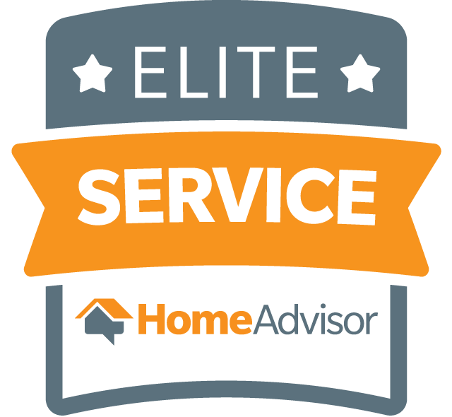 HomeAdvisor Elite Service badge: gray, orange, and white logo with stars and the HomeAdvisor logo.