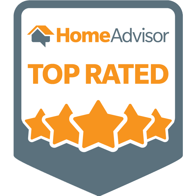 HomeAdvisor Top Rated badge: white shield, orange stars, logo, and text on a gray background.