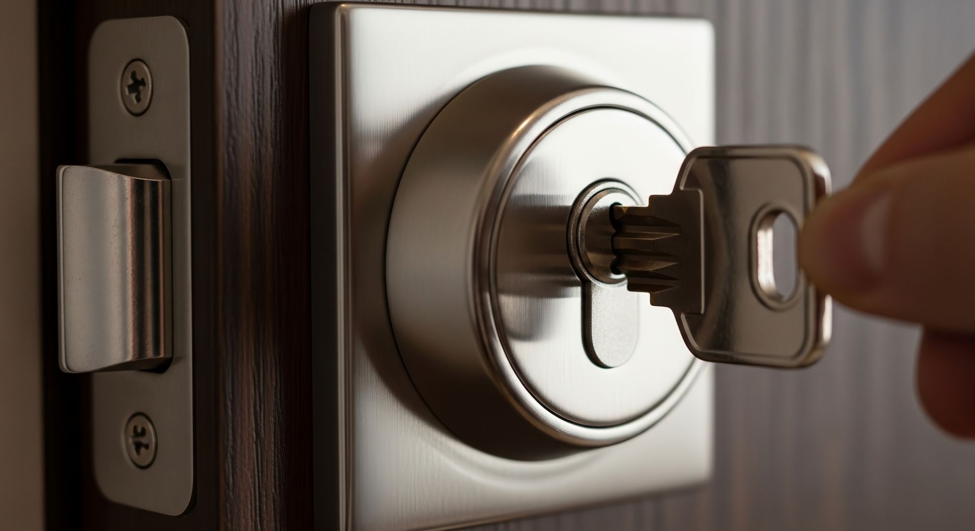 Residential locksmith inserting key into modern deadbolt lock on wooden front door.