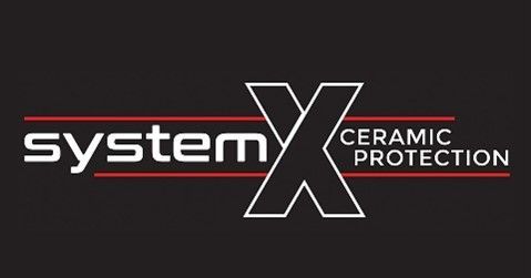The logo for system x ceramic protection is on a black background.