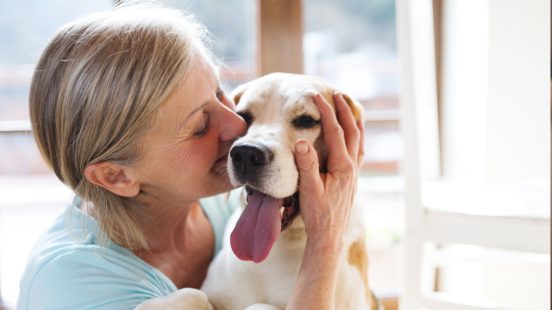 Woman kissing a small dog on the head indoors, the dog’s tongue hanging out near a bright window