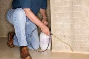 A Man Is Spraying A Brick Wall With A Sprayer | El Centro, CA | IV Termite & Pest Control Inc.