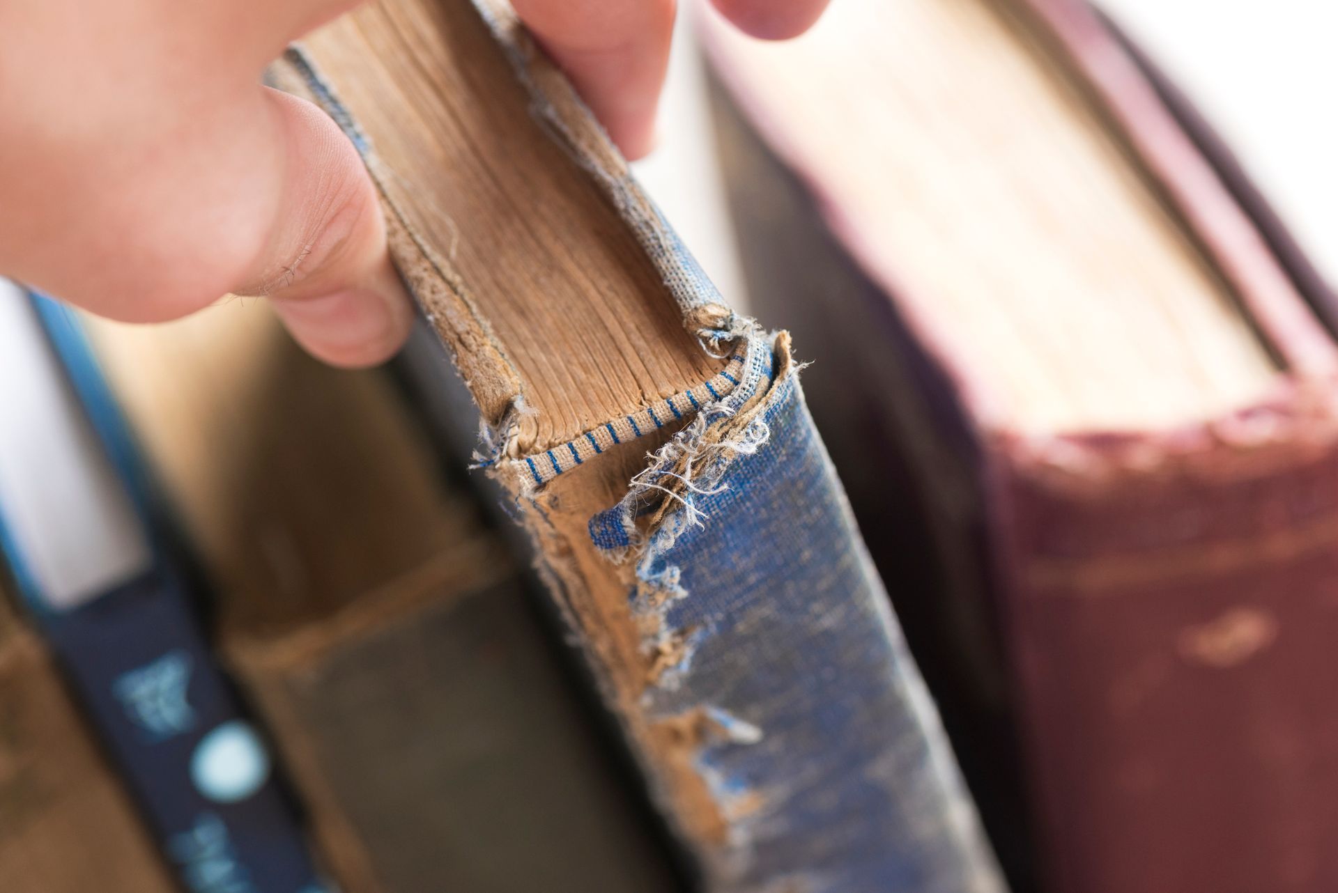a person is holding a book with a hole in the spine