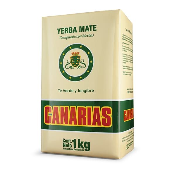 Un paquete de 1 kg de yerba mate Canarias con té verde y jengibre, en una bolsa de color crema con texto rojo y verde.