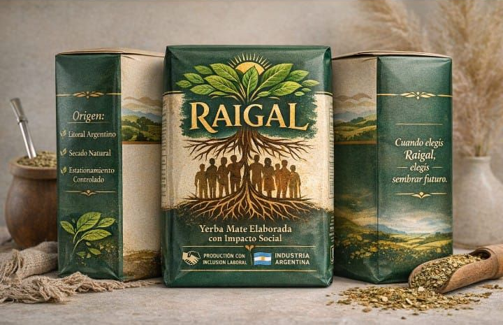 Tres paquetes de yerba mate de la marca Raigal en tonos verde tierra