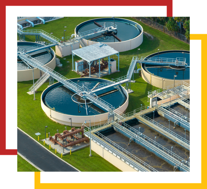 An aerial view of a large water treatment plant.