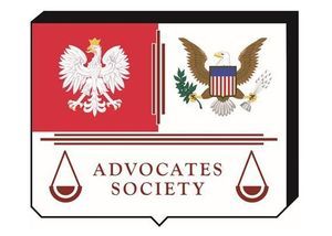 Logo for the Advocates Society featuring the Polish eagle and the American eagle, legal scales, and the text 